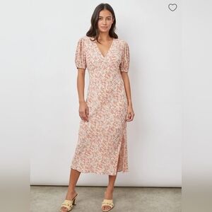 Rails Shelley Floral Midi Dress – Puff Sleeve V-Neck – Side Slit – Size M